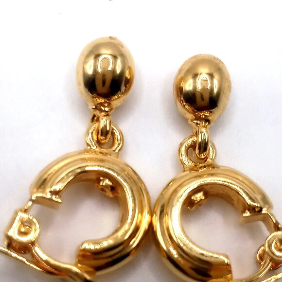 Vintage Hoop Clip-On Earrings Gold-Tone Dangling Ball Charm 1.25" Length - Picture 3 of 7